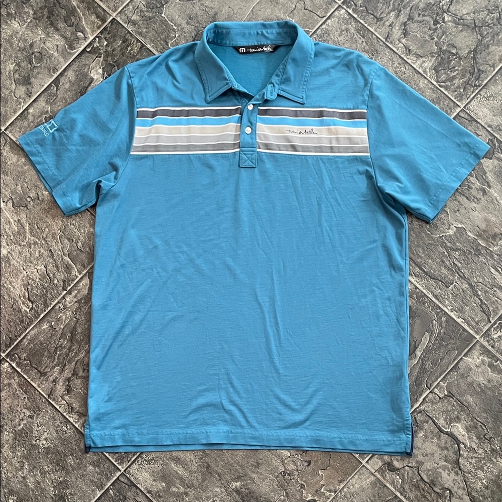 TRAVIS MATHEW Teal, Tan & Gray Striped Polo Golf Shirt Sporty Athleisure Preppy